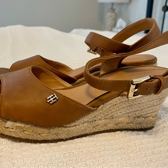 Tommy Hilfiger Tan leather Sandals 6 jute wedge Ankle Strap‎ casual summer - Picture 4 of 9